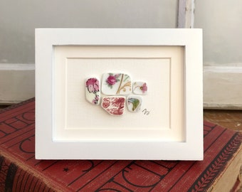 Miniature Mosaic, Broken China Art, Floral Pink Pique-Assiette, Framed Mini Mosiac Table Top Art, Hammersley and Staffordshire Vintage China