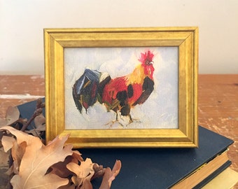 Rooster Oil Painting Art Print, Vintage Style Gold Framed French Countryside Mini Painting, Gift for the Home