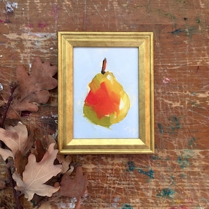 Miniature Oil Painting Art Print, Poire Orange, Framed Mini Fruit Still Life Painting In Vintage Style Frame, Gift For Her Him Them