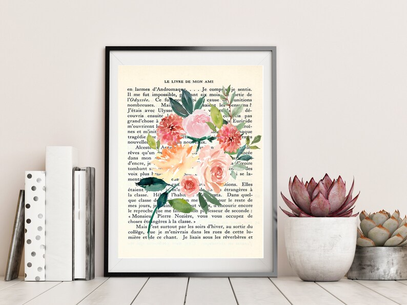 French Print Watercolor Peony Art Print Mon Ami Antique French Decor Dorm Room Vintage Book Lover Print Floral Watercolor - 
