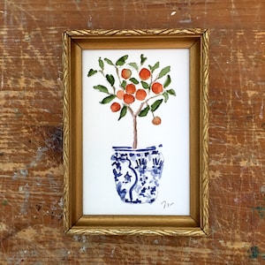 Orange Tree Watercolour Mini Painting,  Unframed Print, Citrus Wall Art, Signed Print on Cotton Rag Paper, Chinoiserie Art Print