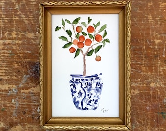 Orange Tree Watercolour Mini Painting,  Unframed Print, Citrus Wall Art, Signed Print on Cotton Rag Paper, Chinoiserie Art Print