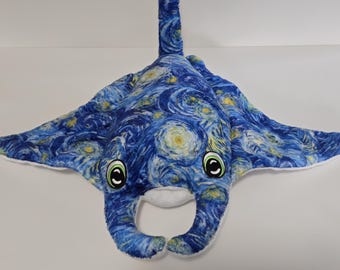 OOAK Van Gogh Starry Night Blue Yellow Swirly Printed Minky Manta Ray Plush