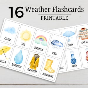 16 tarjetas didácticas imprimibles sobre el clima para niños pequeños / Actividad de aprendizaje preescolar / Tarjetas educativas / Descarga instantánea