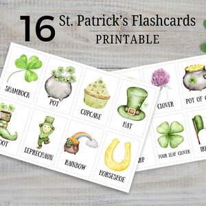 May include: A set of 16 printable St. Patrick's Day flashcards featuring illustrations of shamrocks, pots of gold, leprechauns, rainbows, and other Irish symbols. The cards are designed for use in educational activities or games.