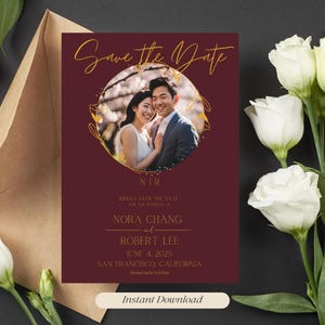 Invitación para guardar la fecha en color burdeos: plantilla de boda editable / descarga digital instantánea