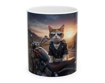 バイクに乗ったバイカー猫のマグカップ | セラミックコーヒーカップ