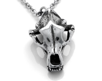 Grizzly Bear Skull Pendant Necklace, Pewter Metal Animal Charm Jewelry