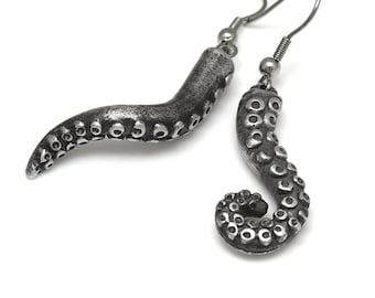 Octopus Tentacle Dangle Earrings in Pewter with Stainless Steel Hooks