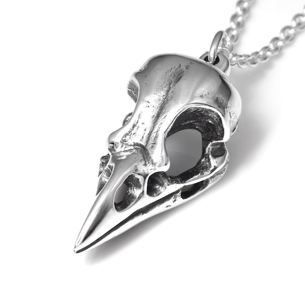 Jackdaw Bird Skull Necklace in Sterling Silver, Handmade Pendant, Goth Jewelry