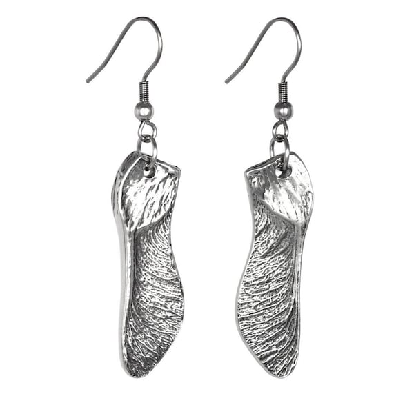 Maple Seed Earrings in Pewter, Dangle Nature Charms, Woodland Jewelry