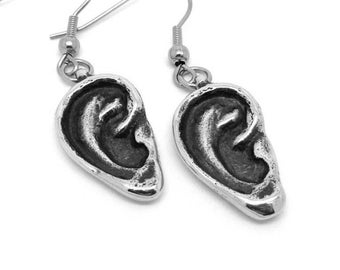 Dangle Human Ear Charm Earrings, Anatomy Jewelry in Handmade Pewter