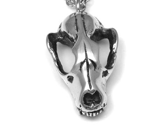 Raccoon Skull Necklace, Animal Pendant Handmade Jewelry in Polished Pewter