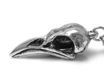 Crow Bird Skull Pendant Necklace in Pewter on Stainless Steel Chain