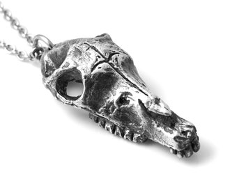 Antiqued Horse Skull Pendant Necklace in Handmade Pewter