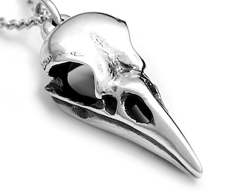 Sterling Silver Raven Bird Skull Pendant Necklace, Goth Jewelry