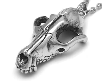 Red Fox Skull Pendant Necklace, Animal Jewelry, Polished Pewter