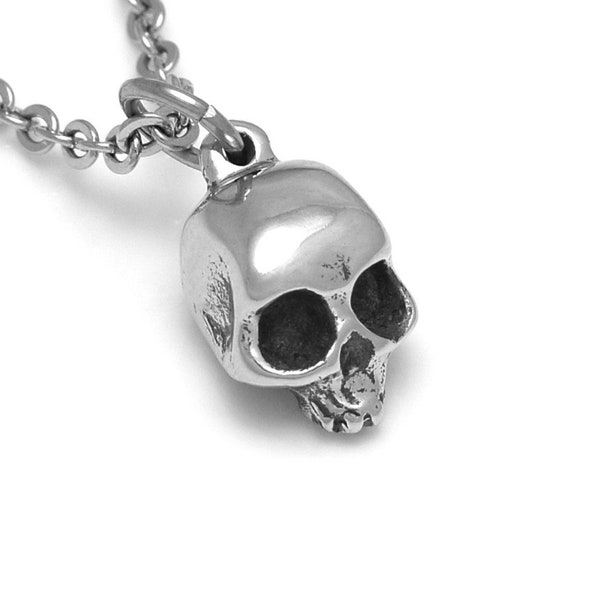 Small Skull Charm Necklace, Handmade Human Head Pendant in Pewter