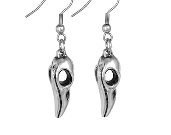 Dangle Raven Bird Skull Earrings in Polished Pewter with, Stainless Steel Hooks