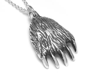 Sterling Silver Grizzly Paw Pendant Necklace, Bear Foot Animal Jewelry
