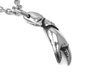 Crab Claw Necklace, Crustacean Pendant, Animal Claw Jewelry in Pewter