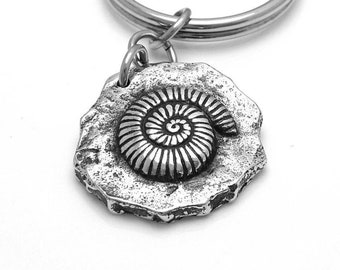 Ammonite Keychain, Mollusc Fossil Keyring in Pewter