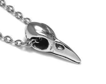 Tiny Bird Skull Necklace, Raven Crow Pendant Jewelry in Cast Pewter