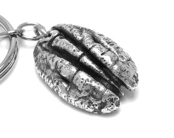 Pecan Keychain in Pewter, Handmade Nut Keyring, Pewter Keyholder