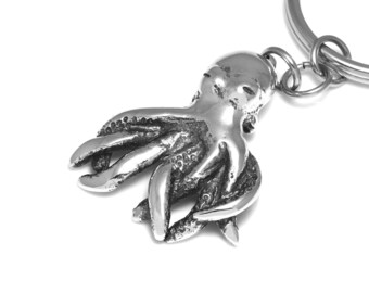 Octopus Keychain, Handmade Ocean Animal Keyring in Pewter