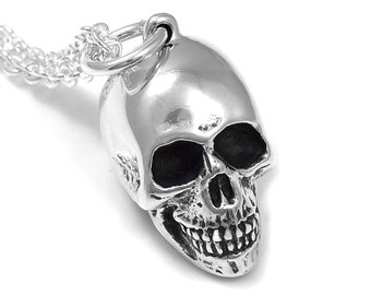 Sterling Silver Human Skull Necklace, Memento Mori Jewelry
