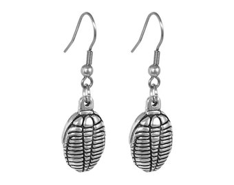Dangle Trilobite Earrings, Handmade Fossil Charms, Geology Jewelry in Pewter