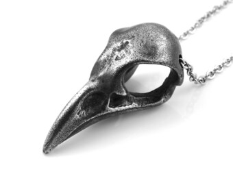 Antiqued Blue Jay Bird Skull Pendant Necklace, Handmade Pewter