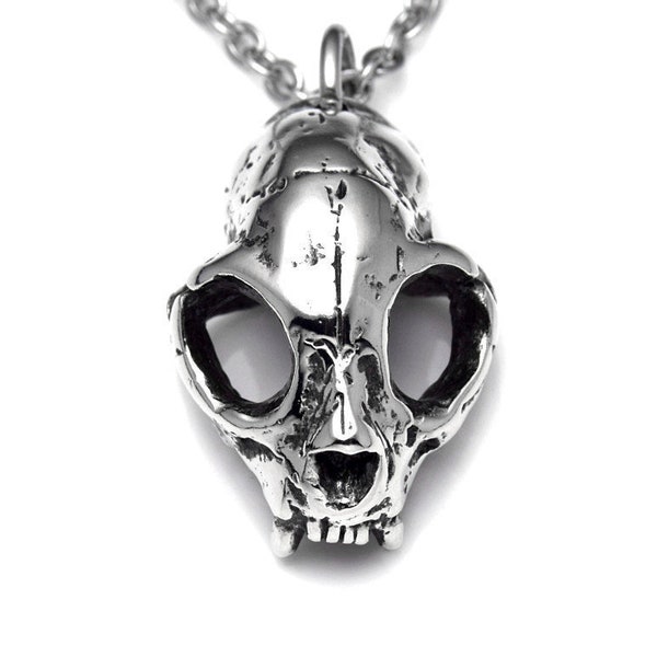 Cat Skull Necklace, Handmade Goth Pendant, Kitty Lover Gift, Veterinarian Jewelry