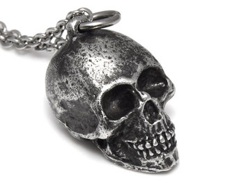 Antiqued Human Skull Pendant Necklace, Handmade Pewter Metal Jewelry