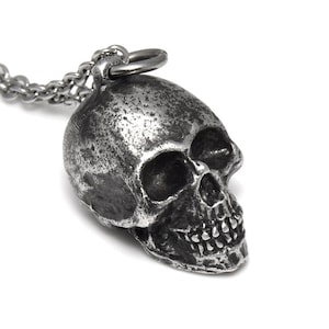 Antiqued Human Skull Pendant Necklace, Handmade Pewter Metal Jewelry