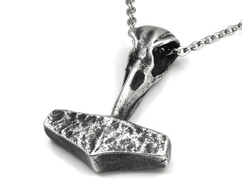 Mjolnir Thor's Hammer Necklace, With Hugin or Munin Raven Skull