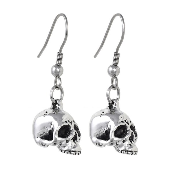 Human Skull Earrings, Handmade Metal Goth Jewelry Halloween Charms