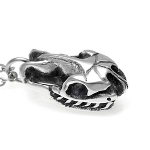 Può includere: Una collana d'argento con un ciondolo a forma di teschio dettagliato. Il ciondolo è una rappresentazione realistica di un teschio con una superficie testurizzata.