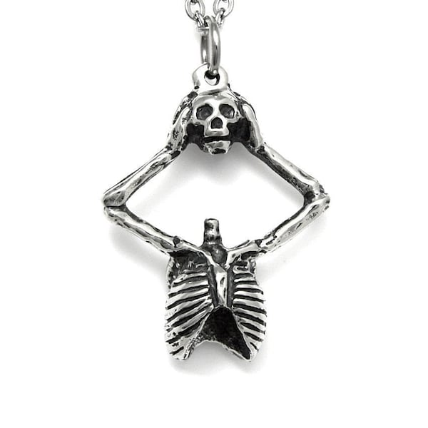 Skeleton Holding Skull Pendant Necklace, Handmade Jewelry in Pewter