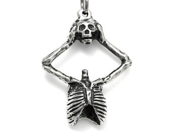 Skeleton Holding Skull Pendant Necklace, Handmade Jewelry in Pewter