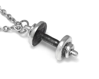 Pewter Barbell Necklace, Dumbbell Pendant, Weightlifter Charm Jewelry