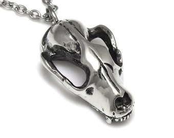 Raccoon Skull Necklace, Animal Pendant Handmade Jewelry in Polished Pewter