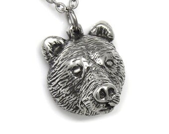 Bear Head Necklace, Handmade Grizzly Face Pendant, Ursus Jewelry in Pewter