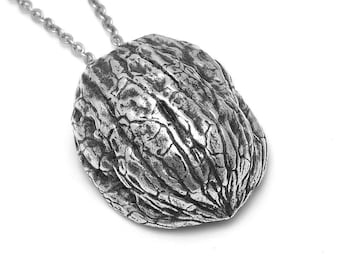 Handmade Walnut Shell Necklace in Pewter, Nut Pendant, Woodland Charm