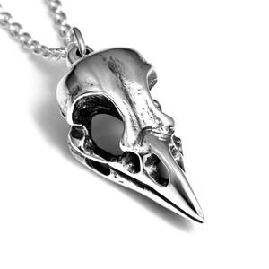 Op de afbeelding: Een zilveren vogel schedel hanger ketting. De hanger is gedetailleerd en realistisch, met een scherpe snavel en holle oogkassen.