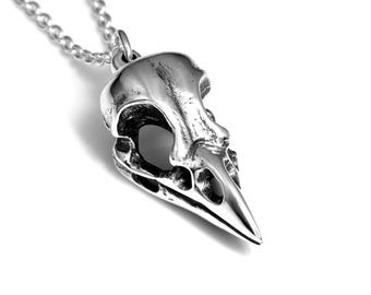 Jackdaw Bird Skull Necklace in Sterling Silver, Handmade Pendant, Goth Jewelry