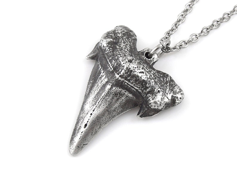 May include: A silver-toned pendant necklace featuring a detailed shark tooth design. The pendant is attached to a silver chain.