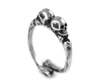 Double Skull Ring with Bone Band, Hand Cast Pewter Jewelry