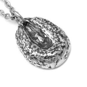 May include: A silver pendant necklace featuring a detailed, textured, oval-shaped charm. The charm has a rough, organic look, resembling a stone or a natural element.