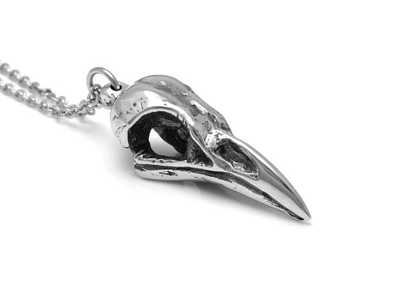 Crow Bird Skull Pendant Necklace in Pewter on Stainless Steel Chain